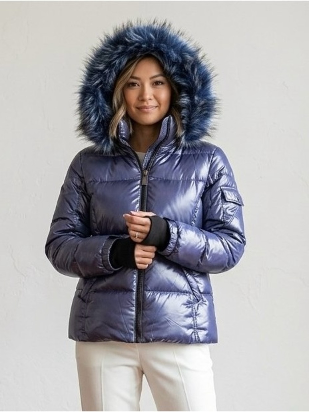 S13 New York Glossy Metallic Blue Down Puffer Jacket with Faux Fur Hood - Large